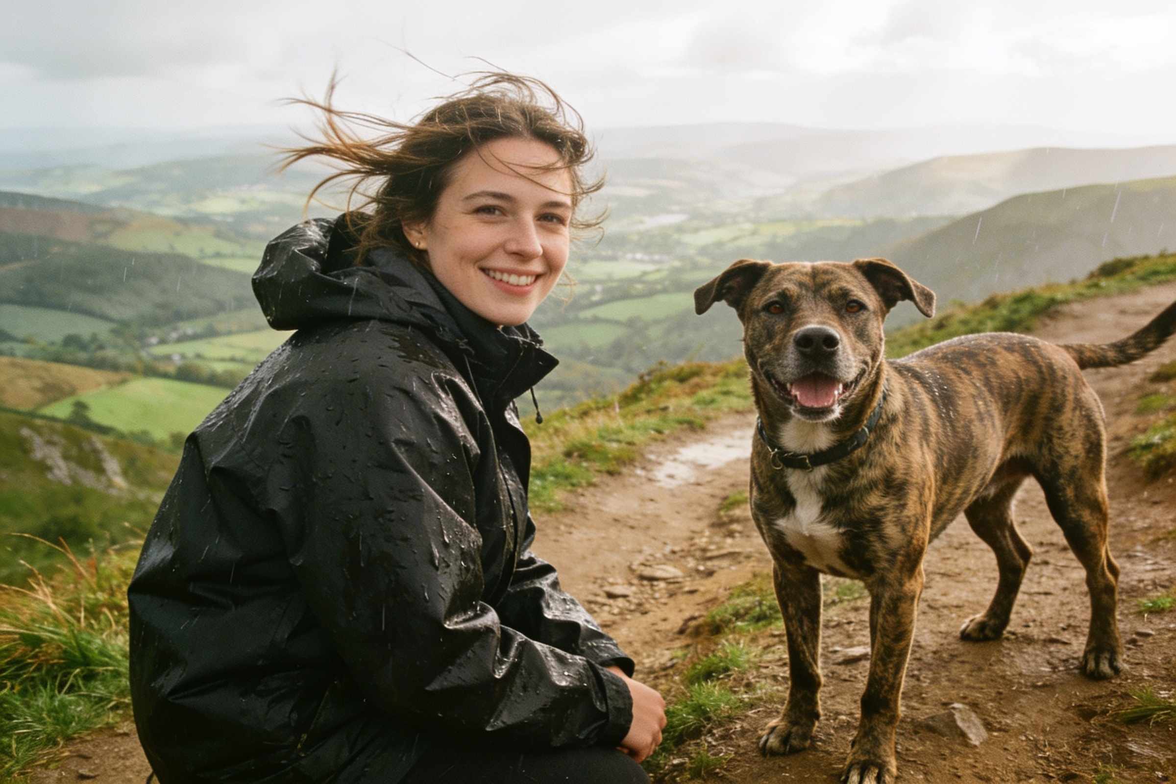 A brindle staffy mix on a windy hilltop next to a woman in a rain jacket