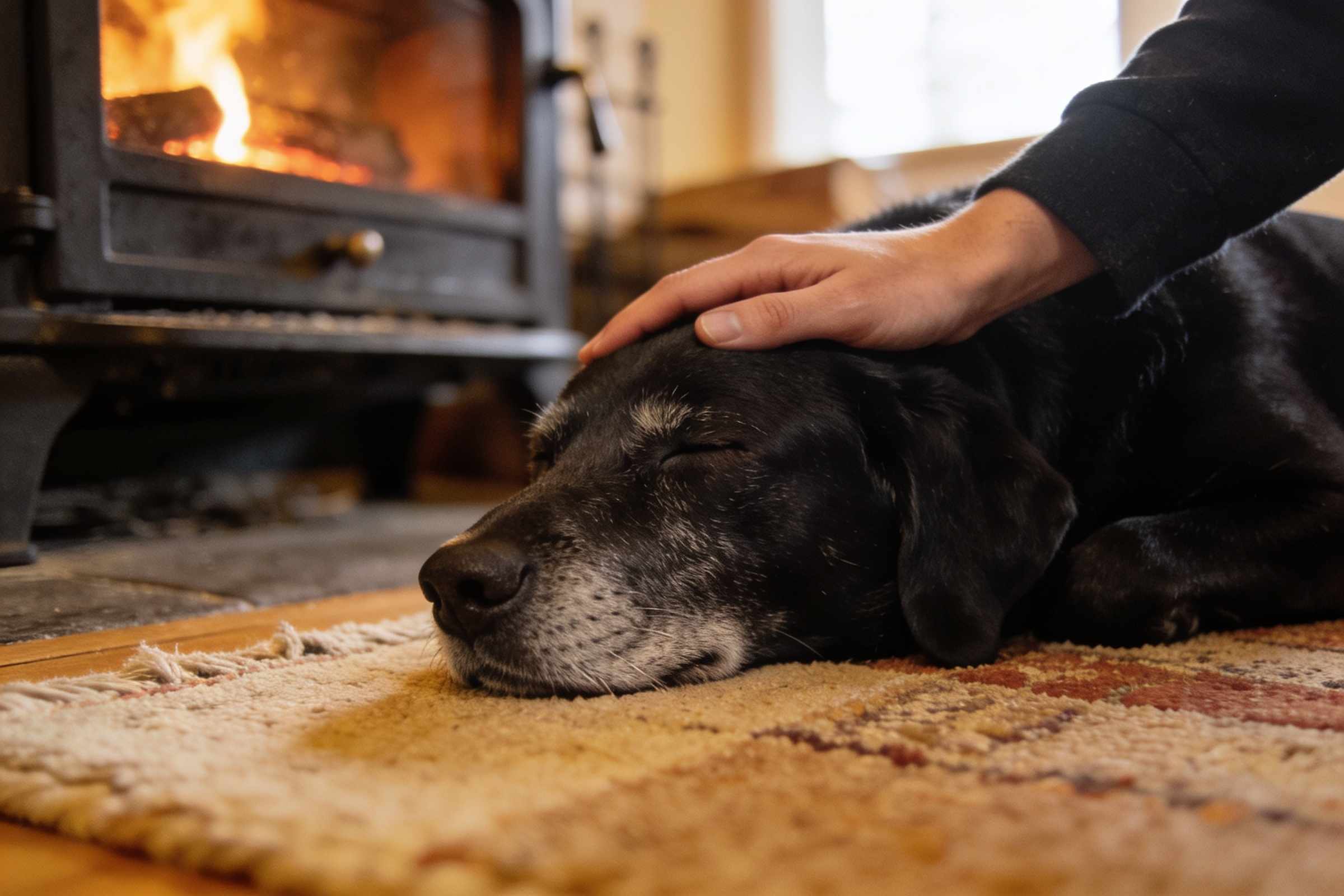 An old black labrador asleep on a rug by a wood stove, a hand on his head