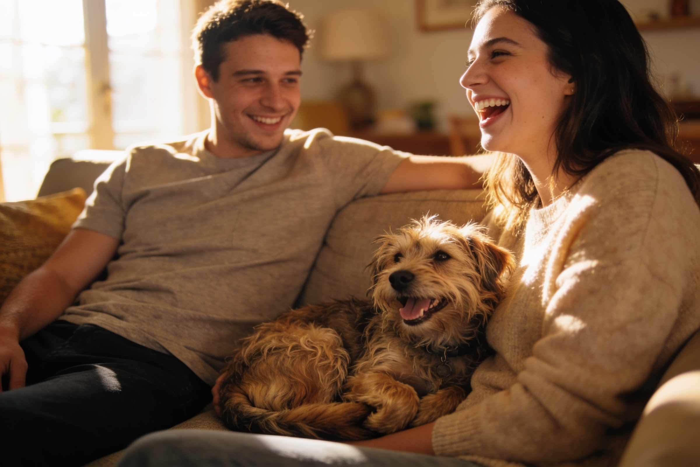 A happy scruffy dog curled up on a sofa between a laughing young couple