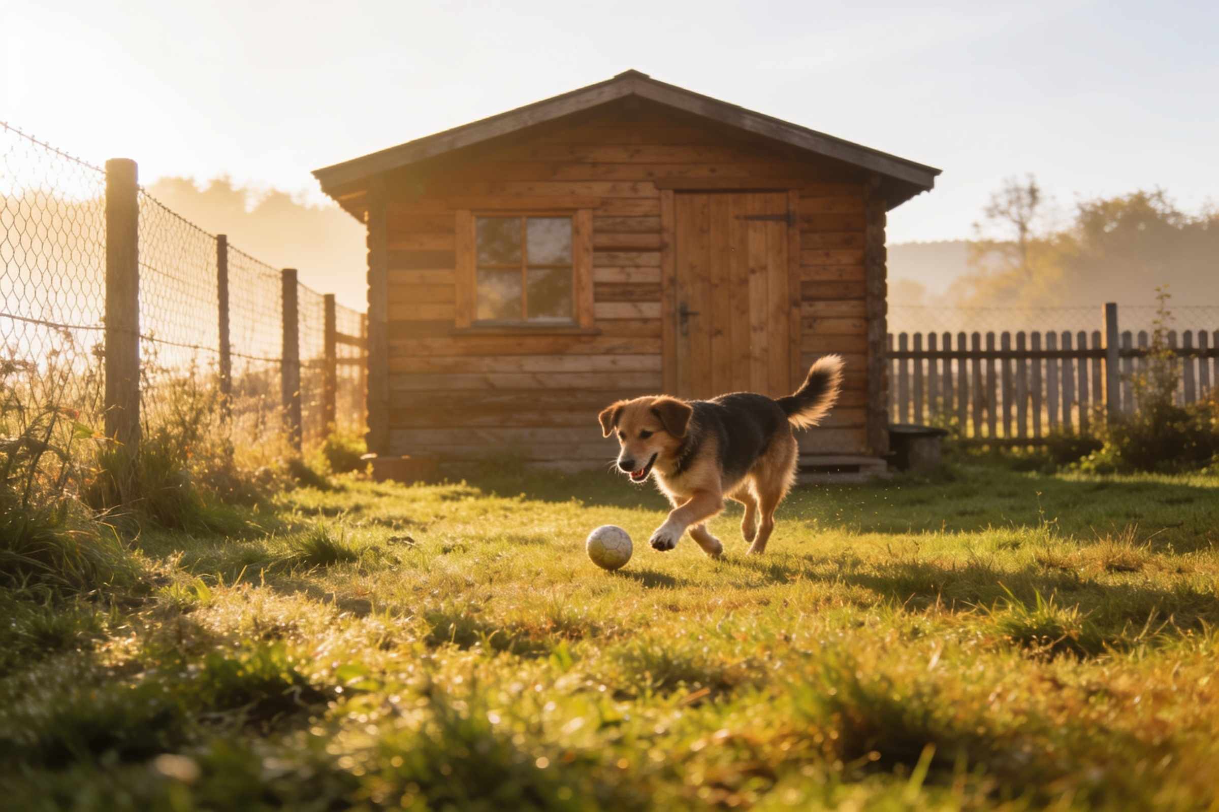 A timber building with a fenced grassy yard where a dog is playing with a ball