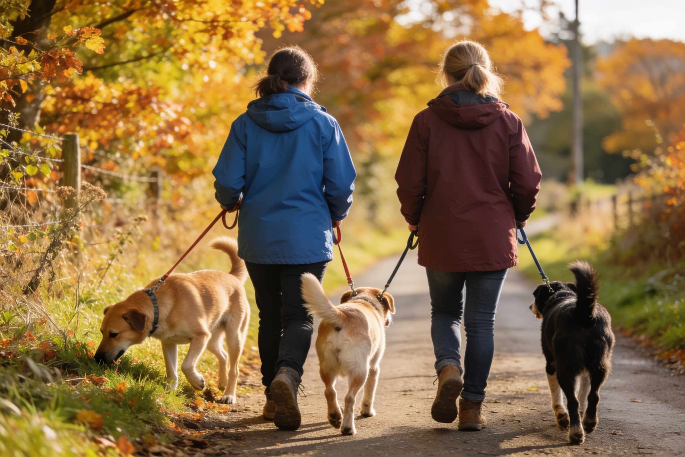 Two volunteers walking three dogs on leads along an autumn country lane